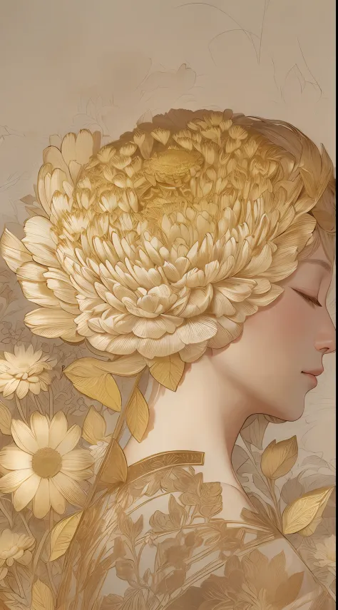 illustration: 1.3), Gold engraving, 3D rendering of, , (Beautiful side face, closing her eyes: 1.3), (Rose: 1.2) (chrysanthemums: 1.2), , Best quality, Detailed details, Masterpiece, offcial art, movie light effect, 4K, Chiaroscuro , Flash