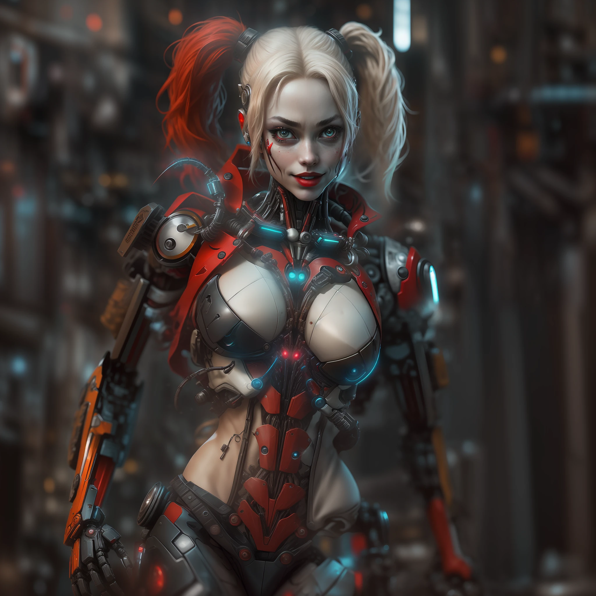 photo of Harley Quinn (sexy) from Marvel, Red and Black biomechanical, complex robot, full growth, hyperrealistic, insane small details, extremely clear lines, cyberpunk aesthetic, masterpiece featured on Zbrush Central