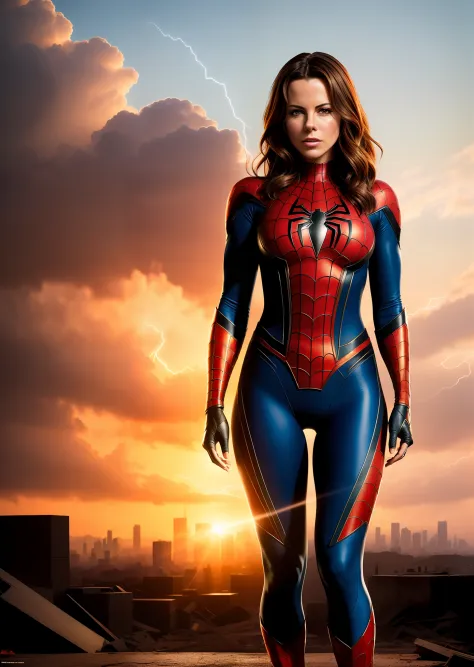Kate Beckinsale in detailed brown Spider-Man costume, large breasts, superhero pose, standing in ruined city at sunset, hyperdetailed, smoke, sparks, sunbeams, (8k), realistic, symmetrical, award-winning, cinematic lightning, soaked, film, 75mm, scratches,...