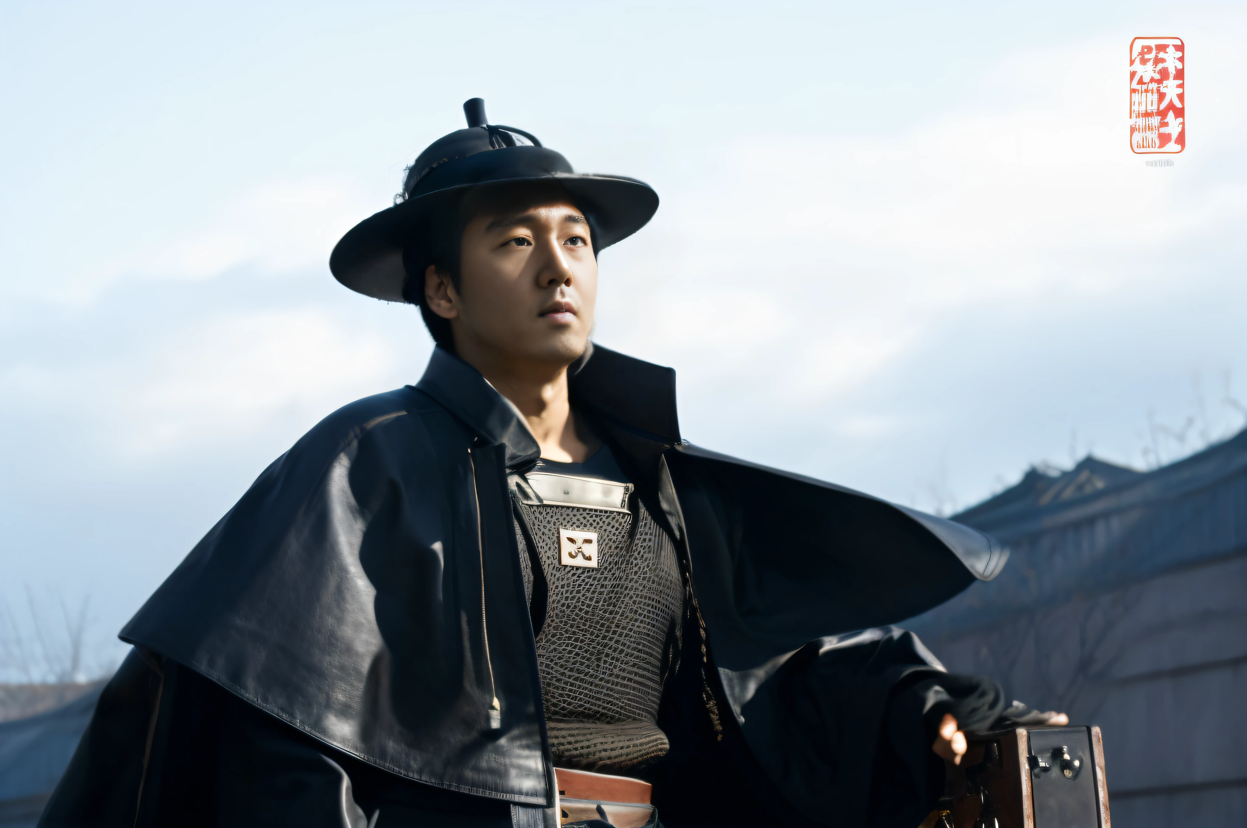 Homme Allard au chapeau noir et manteau tenant une valise, vêtu d&#39;un vieil uniforme de samouraï, de trois royaumes, extrait d&#39;un film d&#39;action en direct, drame historique, dragons volants, Shin Jung-ho, scènes de films d&#39;action réelle, en tant que samouraï, inspiré par Shin Saimdang, Noble cyborg, scène de Kagemusha, Génie - Esprit