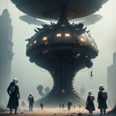 astronauts and pilgrims contemplating an Intricately Detailed MOTHER SHIP OF THE ALIEN INVASION Biomechanical hybrid creature-spaceship MADE OF flesh and blood, Painting By Ismail_Inceoglu Tom Bagshaw Dan Witz CGSociety Fantasy Art 4K. h.r. giger masterpie...