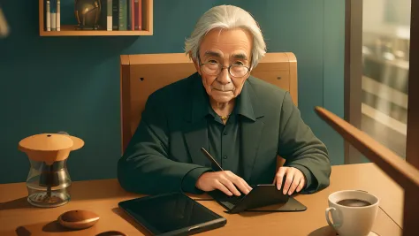 "very elderly wizard sitting on a chair in front of a table with a laptop, mobile phone, coffee cup, and table fan, with a blurr...