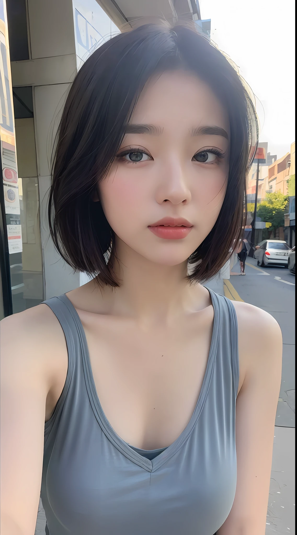 ((Best quality, 8k, Masterpiece :1.3)), Sharp focus :1.2, perfect figure beautiful woman:1.4, (Short hair in layers:1.2)), (Tank top shirt:1.1 ), (the street:1.2), Highly detailed facial and skin texture, A detailed eye, double eyelid