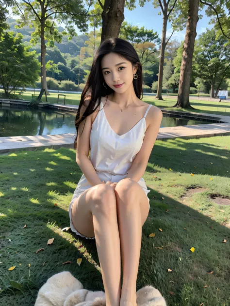 ，masterpiece, best quality，8k, ultra highres，Reallightandshadow，Cinema lenses，(beautidful eyes:1.1)， ((中景 the scene is))，By the lake in a park，The gentle goddess sits on the grass。Her eyes were full of childlike fun and serenity，It's like going back in tim...
