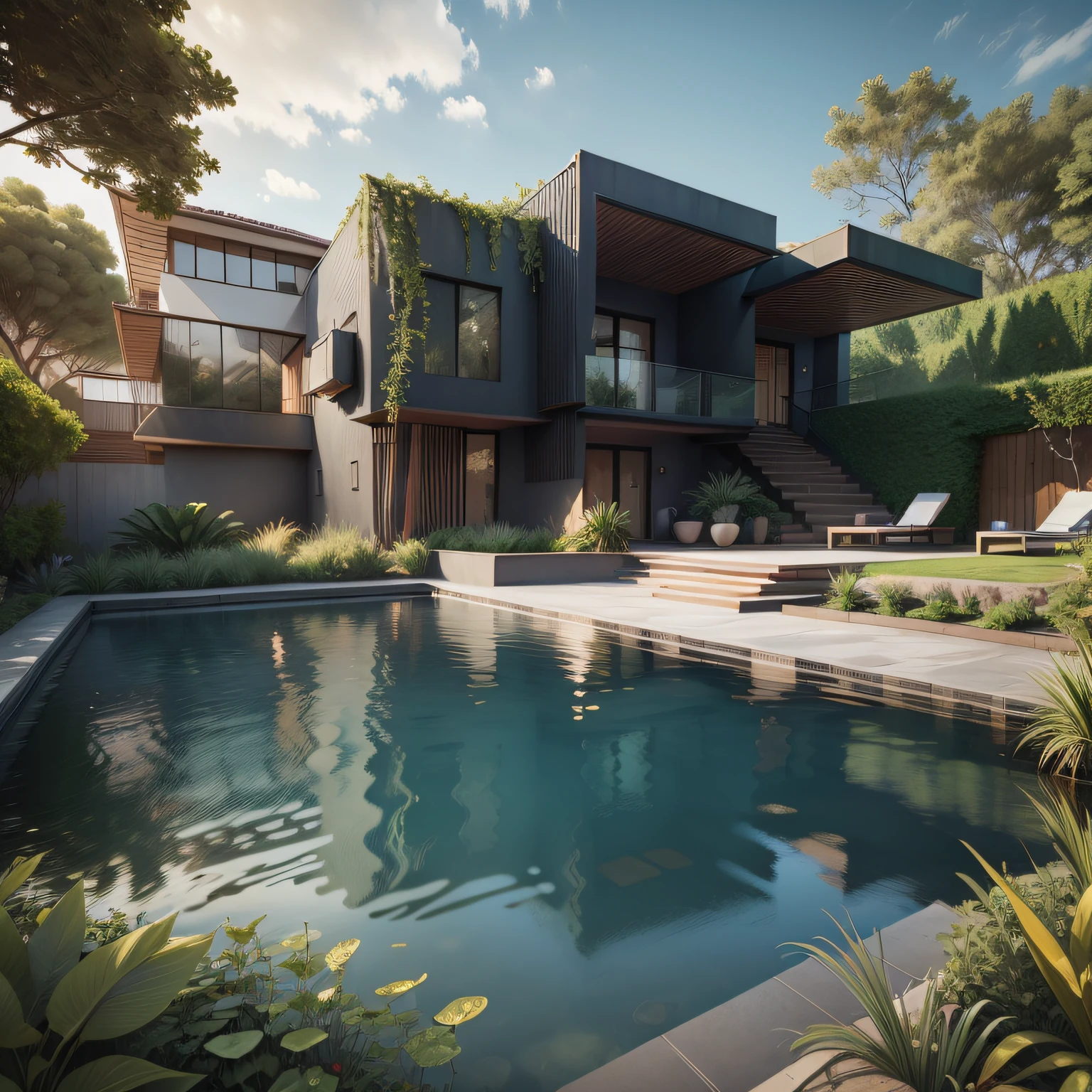 Organic modern architecture on a fairly large plot, There is a swimming pool in the middle of a large one-story house, cor da casa em vigas marrom chocolate e preto, large modern residence, telhados planos e jardim, render luxcore, render oktane, a photorealistic rendering, architectural render, mantra rendering, architectural render, realism rendering, architectural visualisation, piscina de bem-estar, architectural visualisation,  grandes zonas verdes, com pequenas zonas de flores de lavanda, arbustos verdes tipo exuberante jardim verde, swimming pool embedded in an area of sand, oliveiras e pinheiros ao redor da casa,