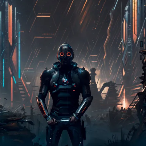 Homem com armadura, obra de arte, dark technological cyberpunk skin