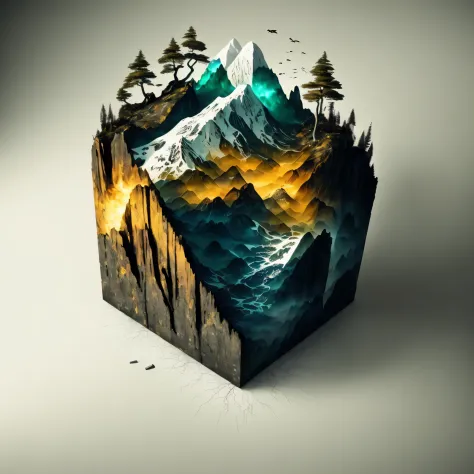 microworld render style, tiny glass cube contained, inside the cube are (scenery, ink, mountains, water, trees) , volumetric, cl...