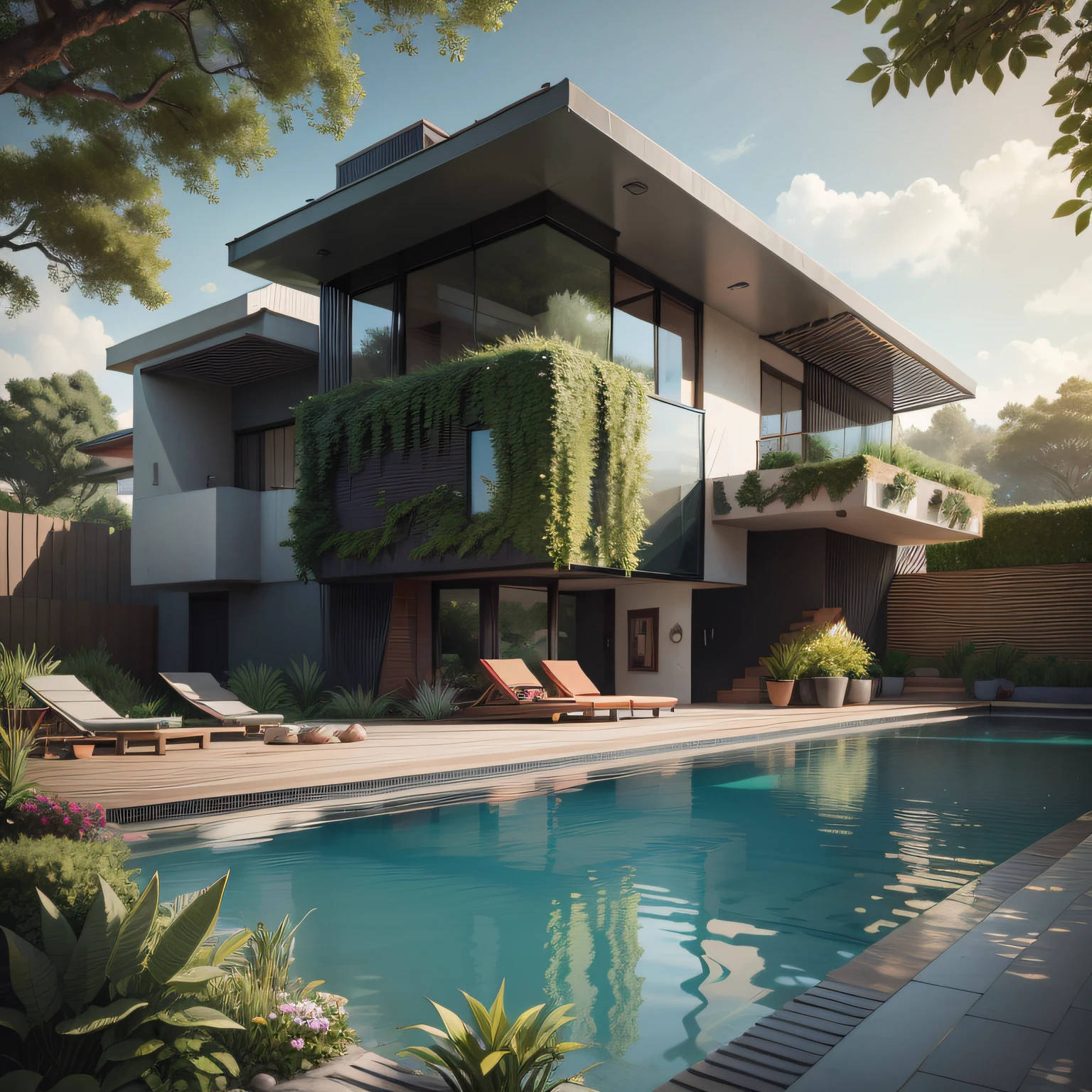 Organic modern architecture on a fairly large plot, There is a swimming pool in the middle of a large one-story house, cor da casa em vigas marrom chocolate e preto, large modern residence, telhados planos e jardim, render luxcore, render oktane, a photorealistic rendering, architectural render, mantra rendering, architectural render, realism rendering, architectural visualisation, piscina de bem-estar, architectural visualisation,  grandes zonas verdes, com pequenas zonas de flores de lavanda, arbustos verdes tipo exuberante jardim verde, swimming pool embedded in an area of sand, oliveiras e pinheiros ao redor da casa,