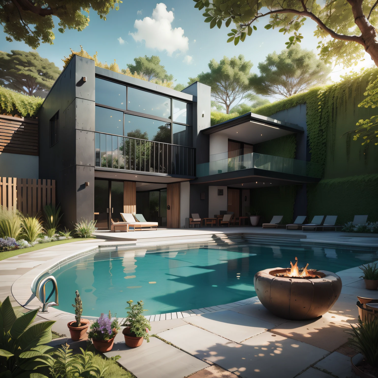 Organic modern architecture on a fairly large plot, There is a swimming pool in the middle of a large one-story house, cor da casa em vigas marrom chocolate e preto, large modern residence, telhados planos e jardim, render luxcore, render oktane, a photorealistic rendering, architectural render, mantra rendering, architectural render, realism rendering, architectural visualisation, piscina de bem-estar, architectural visualisation,  grandes zonas verdes, com pequenas zonas de flores de lavanda, arbustos verdes tipo exuberante jardim verde, swimming pool embedded in an area of sand, oliveiras e pinheiros ao redor da casa,