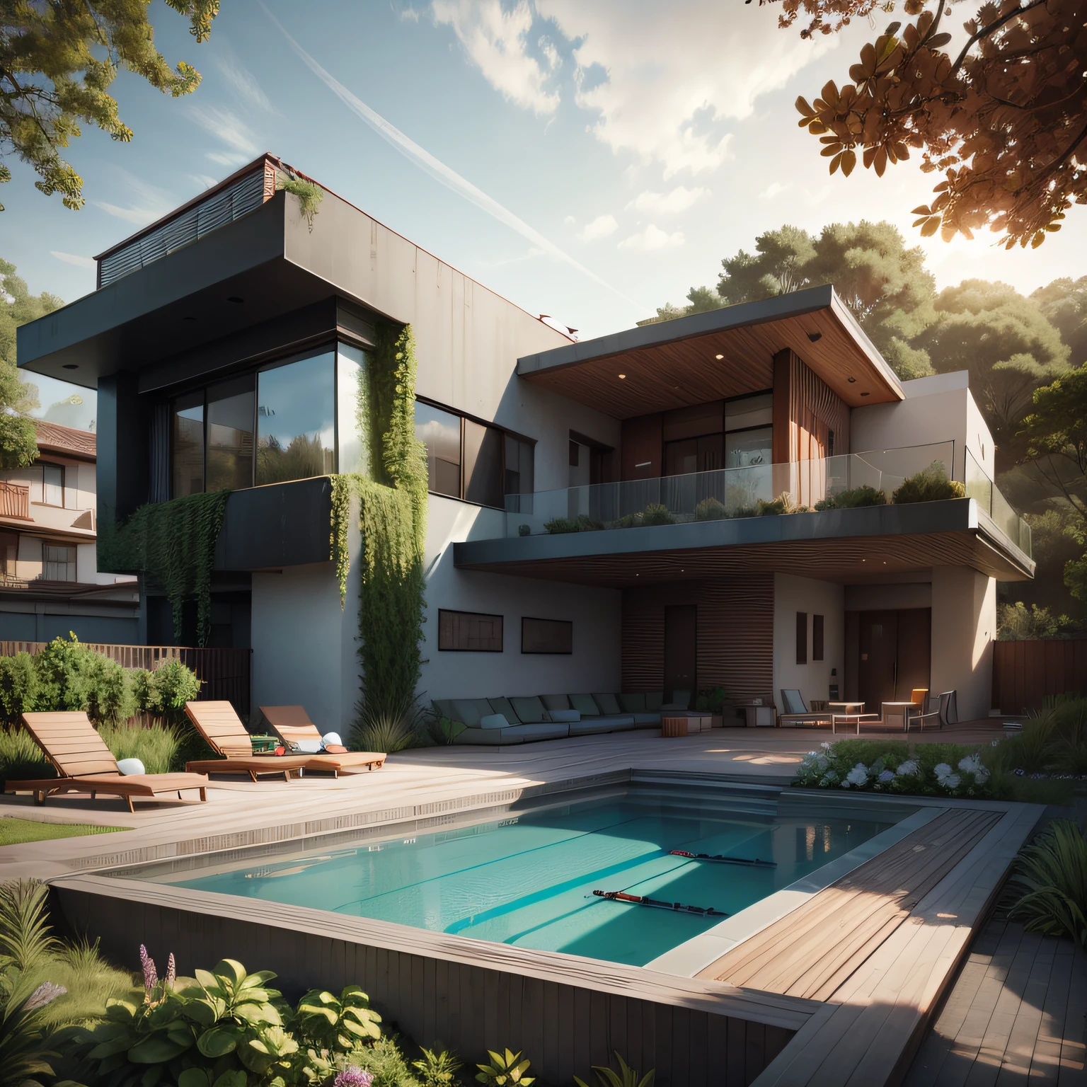 Organic modern architecture on a fairly large plot, There is a swimming pool in the middle of a large one-story house, cor da casa em vigas marrom chocolate e preto, large modern residence, telhados planos e jardim, render luxcore, render oktane, a photorealistic rendering, architectural render, mantra rendering, architectural render, realism rendering, architectural visualisation, piscina de bem-estar, architectural visualisation,  grandes zonas verdes, com pequenas zonas de flores de lavanda, arbustos verdes tipo exuberante jardim verde, swimming pool embedded in an area of sand, oliveiras e pinheiros ao redor da casa,