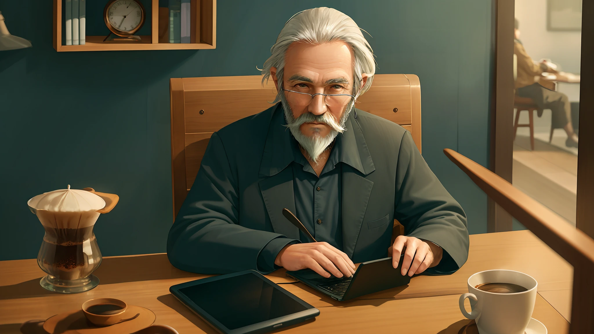 "Photorealistic depiction of a very elderly wizard with a long white beard, seated on a chair in front of a table adorned with an open laptop, a mobile phone, a wall clock, a coffee cup, and a table fan. The background should be a blurred studio setting."