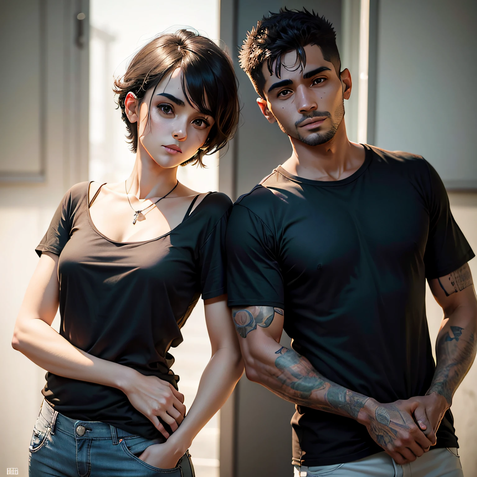 Man in black shirt standing , caio santos, Matthew 9 5, profile picture 1024px, icaro carvalho,Reddit, Satoshi com, david rios ferreira Satoshi, very low quality, Msxotto, Alex with his pixie cut girlfriend (1 girl: 1.3), Realistic photography, photorrealistic: 1.4 official works of art, ultra detali, Beautiful and Aesthetic, stunning, master part,
