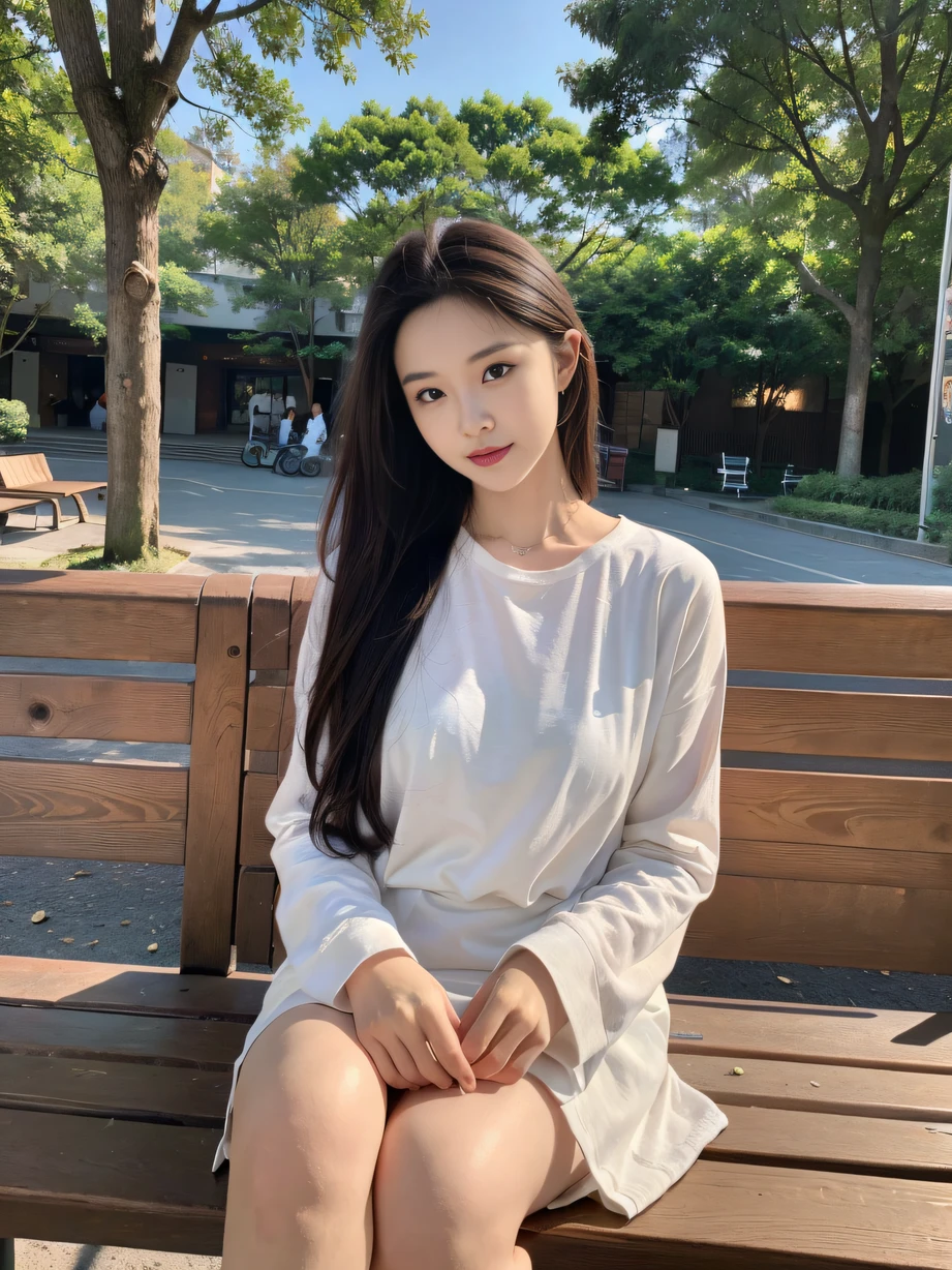 ，masterpiece, best quality，8k, ultra highres，Reallightandshadow，Cinema lenses，(beautidful eyes:1.1)， ((中景 the scene is))，In a park，The gentle goddess sits on a bench