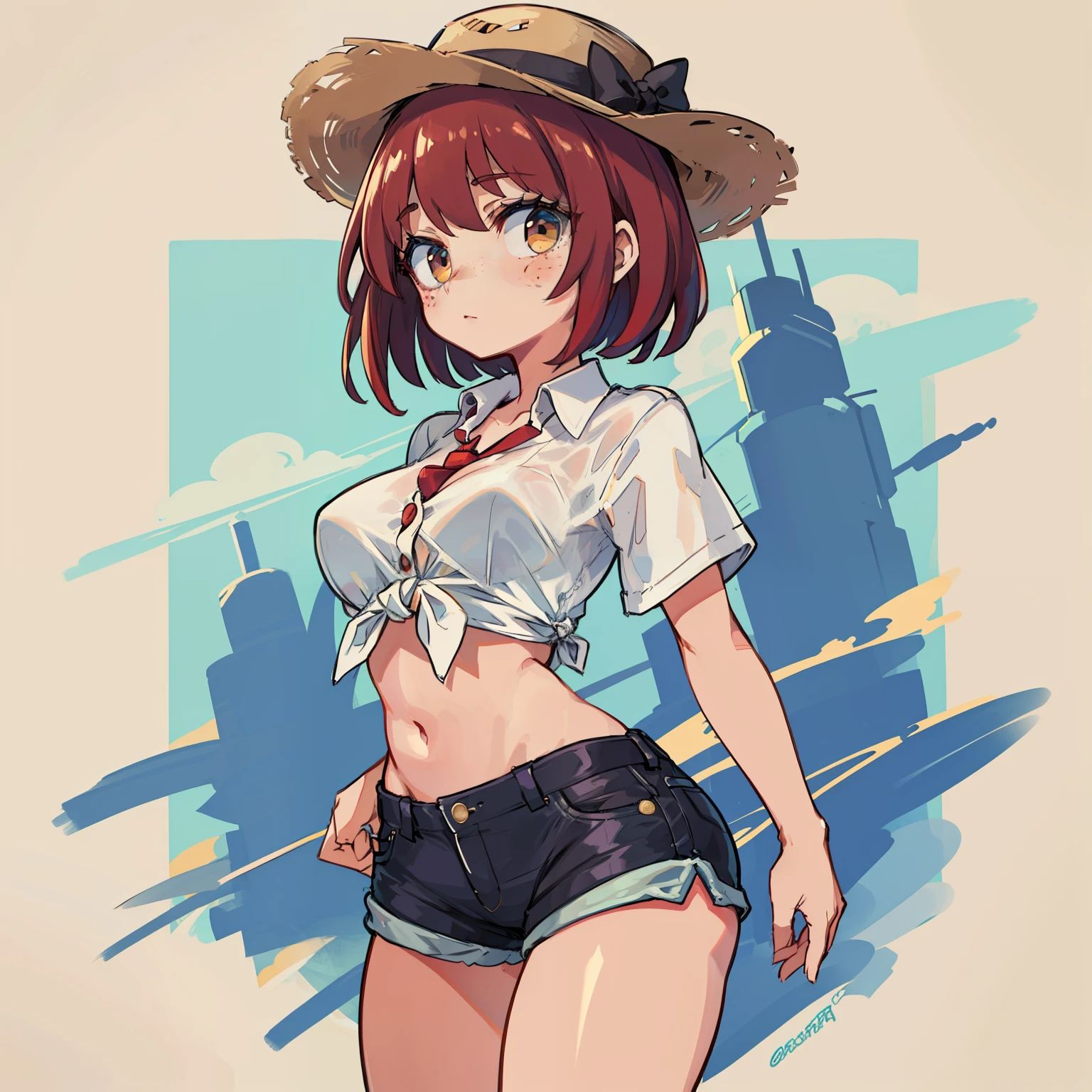 masterpiece, 4k, detailed, extreme detailed, hd, cowboy shot, cowboy, jean shorts, short shorts, white button down, tied off white buttoned shirt, button shirt, white shirt, cowgirl, hat, cowboy hat, red hair, ginger hair, freckles, thick, wide hips, large breasts, slim waist, thick thighs, brown cowboy hat, 10 gallon hat, short red hair, small shirt tied, shirt knot, navel, navel shown