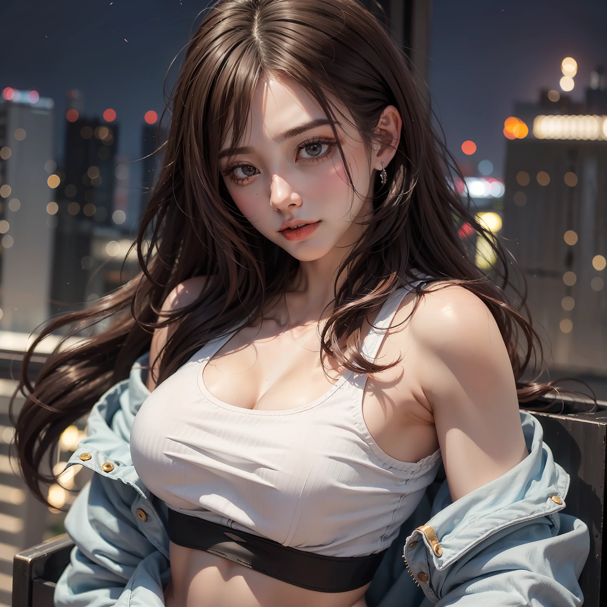 ((Midnight, Best quality, 8k, Masterpiece :1.3)), Whole body, Long legs, Sharp focus :1.2, A pretty woman with perfect figure :1.4, Slender abs :1.1, ((Dark brown hair, Big breasts :1.2)), (White tight tank top, Jean bib, Standing:1.2), ((Night city view, Rooftop:1.3)), Highly detailed face and skin texture, Detailed eyes, Double eyelid