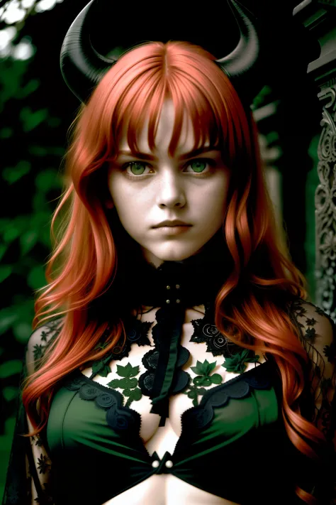 absurdres, highres, ultra detailed, (ultra-detailed background, detailed background), extremly detailed, 1girl, melancholy photo of a red haired demon young female with green eyes and black horns, lace catsuit, desaturated colour, inclement emotions, shot ...