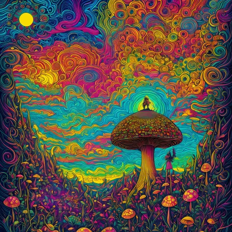 a mushroom head standing on a hill with a bunch of magic mushrooms with cannabis sativa leafs and a sky composed of colorful psy...