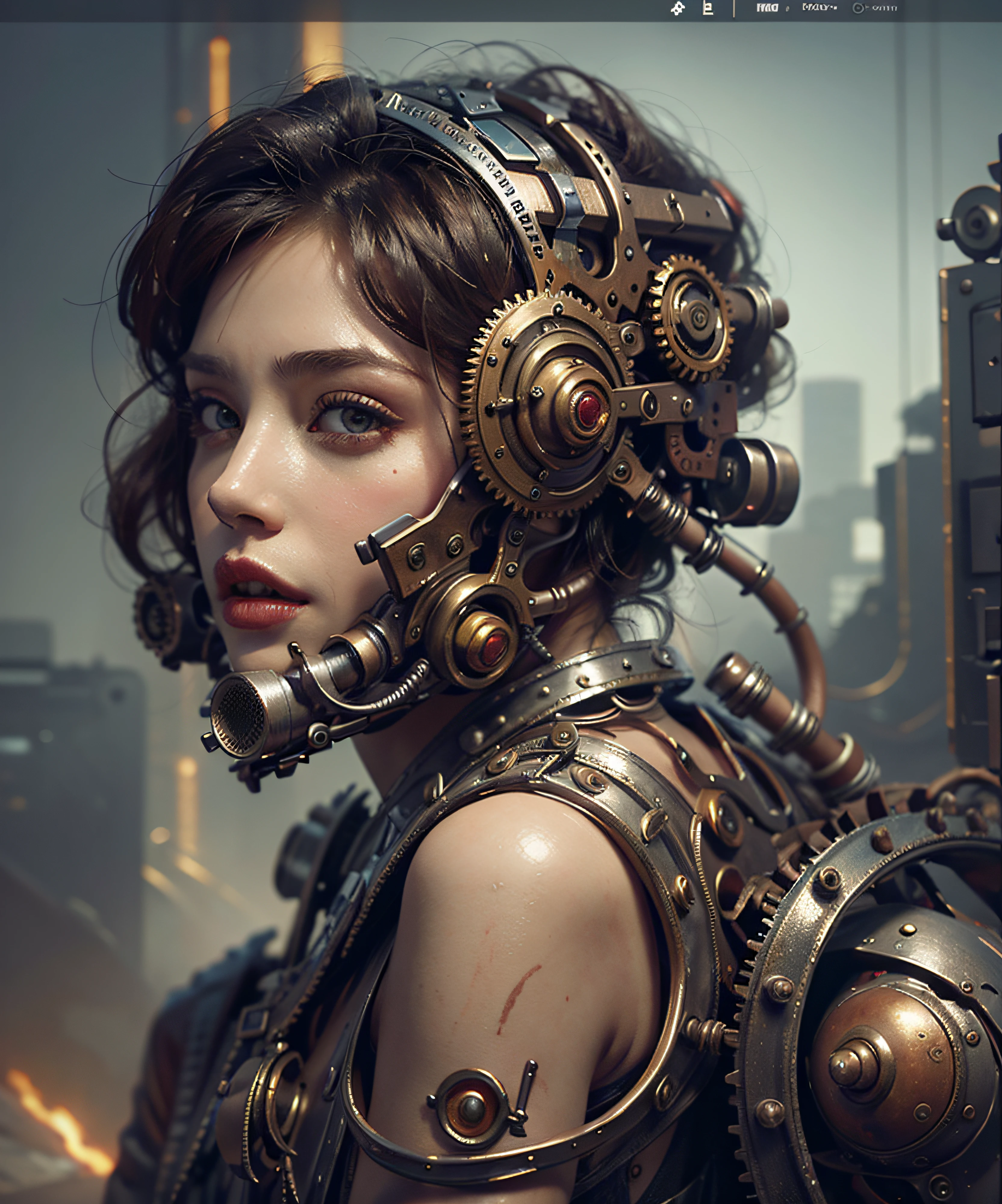 Há uma mulher com engrenagens presas à cabeça com vapor, Retrato de uma mulher mecânica, Arte digital realista em 4K, Arte digital realista em 4K, Wojtek FUS, Arte digital altamente detalhada em 4k, Ciber Steampunk 8K Modelo 3D, arte steampunk digital, Arte digital realista em 8K, Arte digital detalhada em 4k, Arte cyberpunk ultra-realista em 8K, arte conceitual ultra realista,