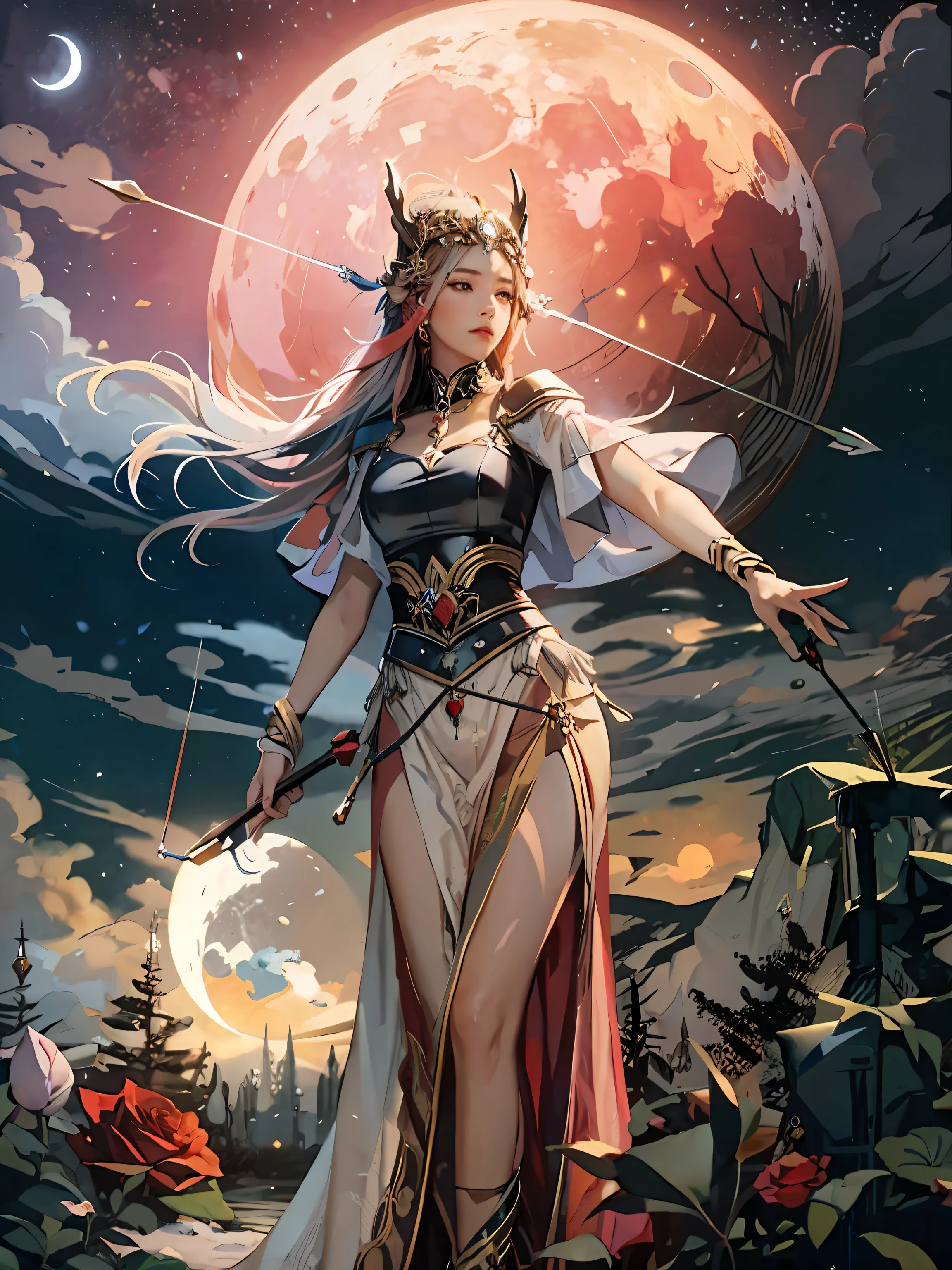 themoon，Goddess of the Hunt，bow and arrows， the night，Huge Moon，divinity， Cold， merciless， Rose garden， Sanctuary