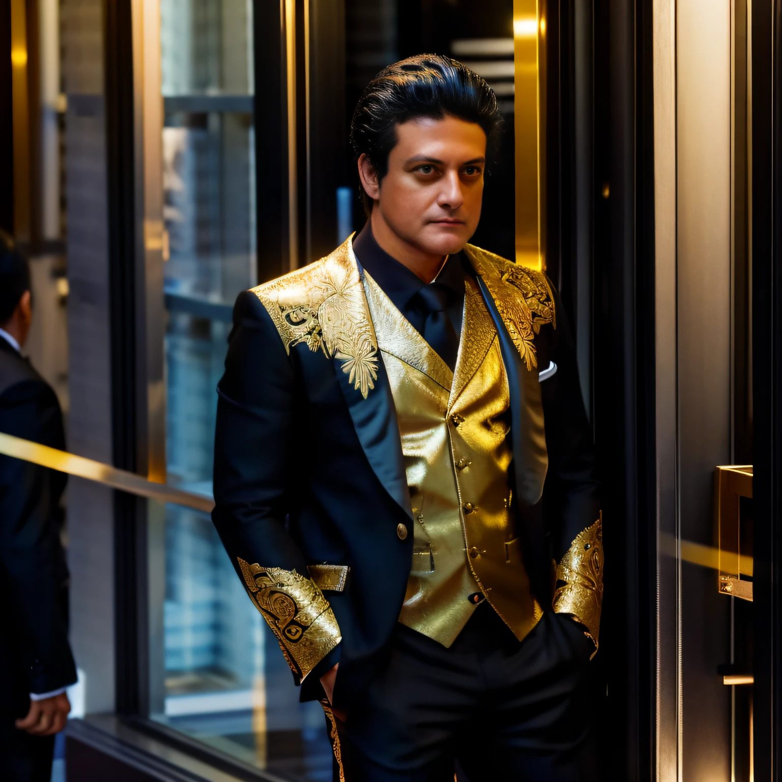 A full-length man leaning against a street window in a black Japanese business suit with gold accents looking out at the storefront at dusk, intricate, cinematic, ultra realistic, hyper detailed, 8K, smooth expressions, beautiful, Greg Rutkowski style and Borris Vallejo, (without watermark and signature), perfect anatomy.