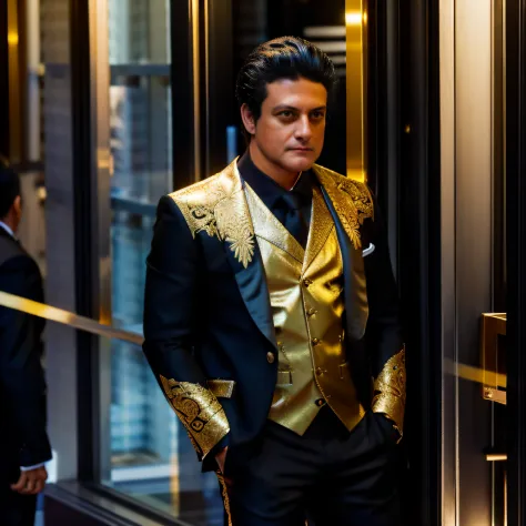 A full-length man leaning against a street window in a black Japanese business suit with gold accents looking out at the storefr...