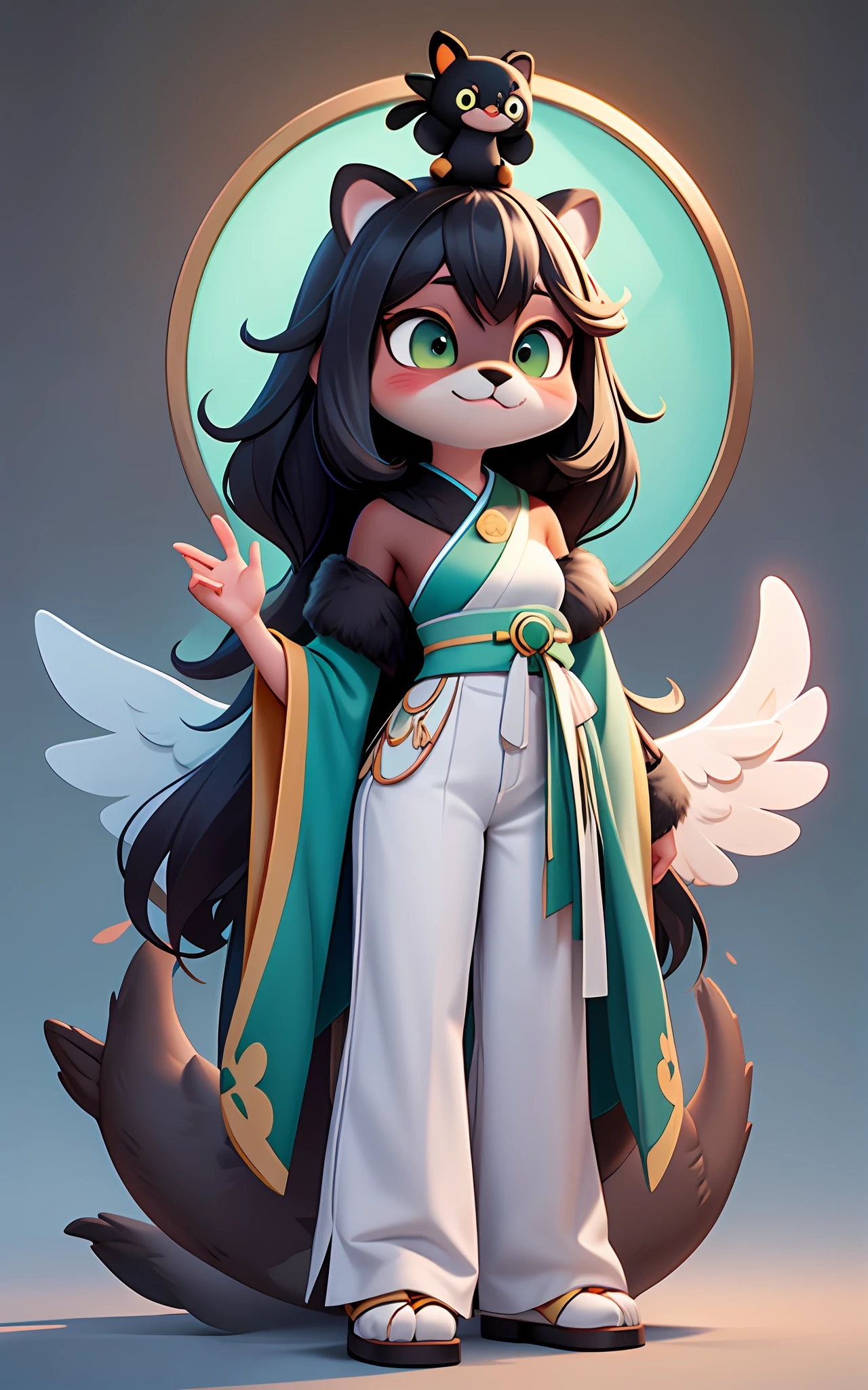 sea otter, anthropomorphic, kawaii style, super fluffy tan and dark grey fur, white and jade fancy japanese top, jade pants, angel wings, miracle worker in Jerusalem, Masterpiece, Best Quality