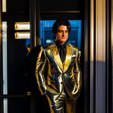 A full-length man leaning against a street window in a black Japanese business suit with gold accents looking out at the storefr...