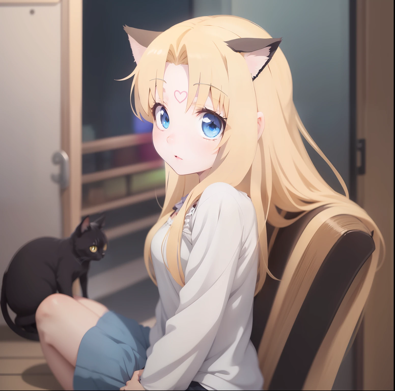 Anime girl sitting in chair with cat on her lap - SeaArt AI