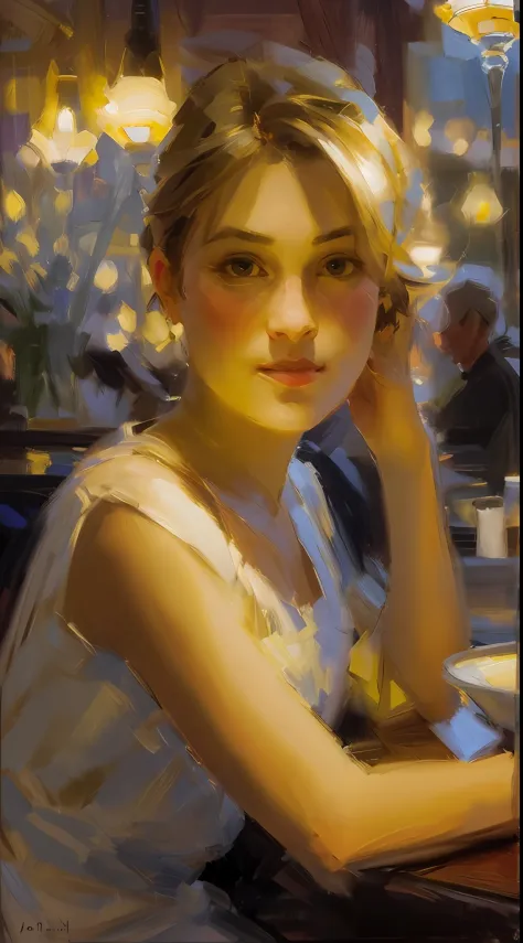 a portrait painting of a beautiful elegant young woman sitting in a large open Paris café, she is looking into the camera, her f...
