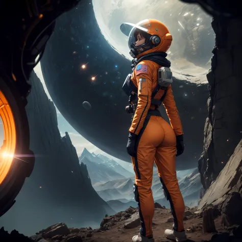 Highly detailed RAW color Photo, Rear Angle, Full Body, of (female space soldier, wearing orange and white space suit, helmet, tined face shield, rebreather, accentuated booty), outdoors, (looking up at advanced alien structure, on alien planet), toned bod...