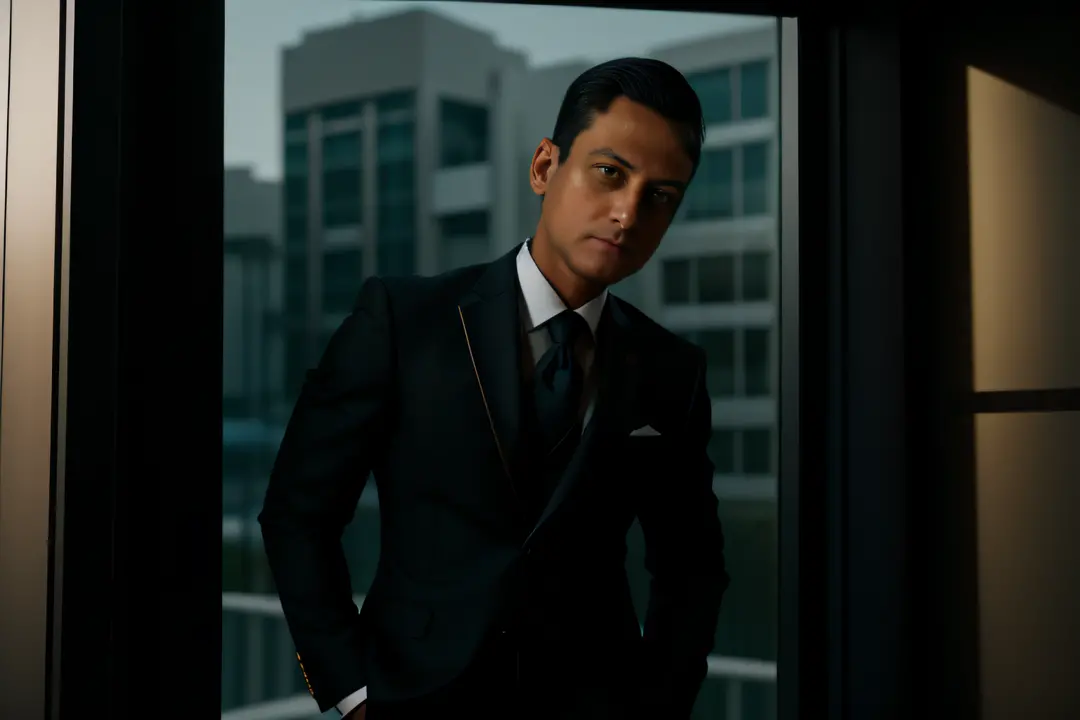 A full-length man leaning against a street window in a black Japanese business suit with gold accents staring at the window at d...