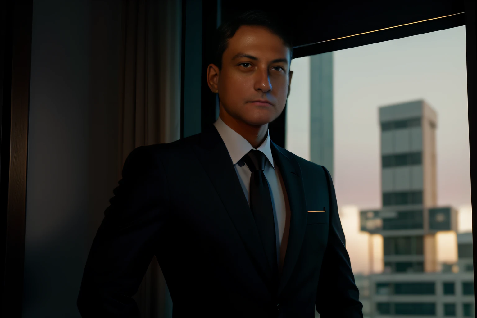 A full-length man leaning against a street window in a black Japanese business suit with gold accents staring at the window at dusk, intrincado, cinemactic, ultra realistic, hiper detalhado, 8k, gentle expressions, Beautiful, Estilo Greg Rutkowski e Borris Vallejo, (no watermark and signature), anatomia perfeita.