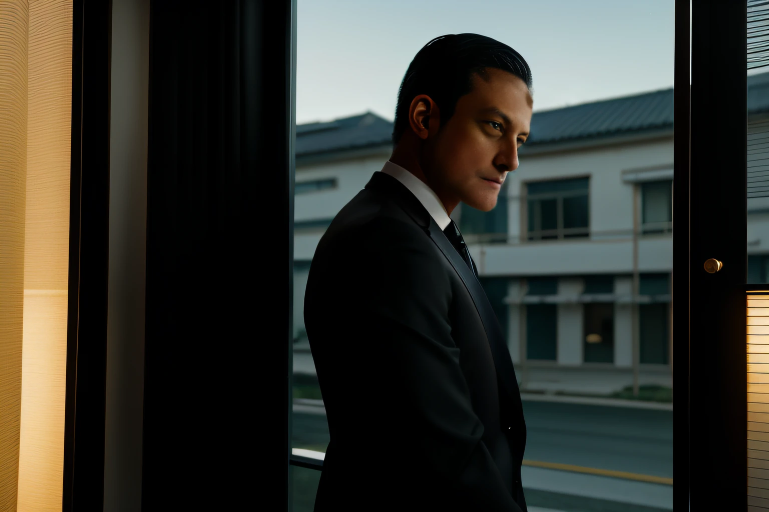 A full-length man leaning against a street window in a black Japanese business suit with gold accents staring at the window at dusk, intrincado, cinemactic, ultra realistic, hiper detalhado, 8k, gentle expressions, Beautiful, Estilo Greg Rutkowski e Borris Vallejo, (no watermark and signature), anatomia perfeita.