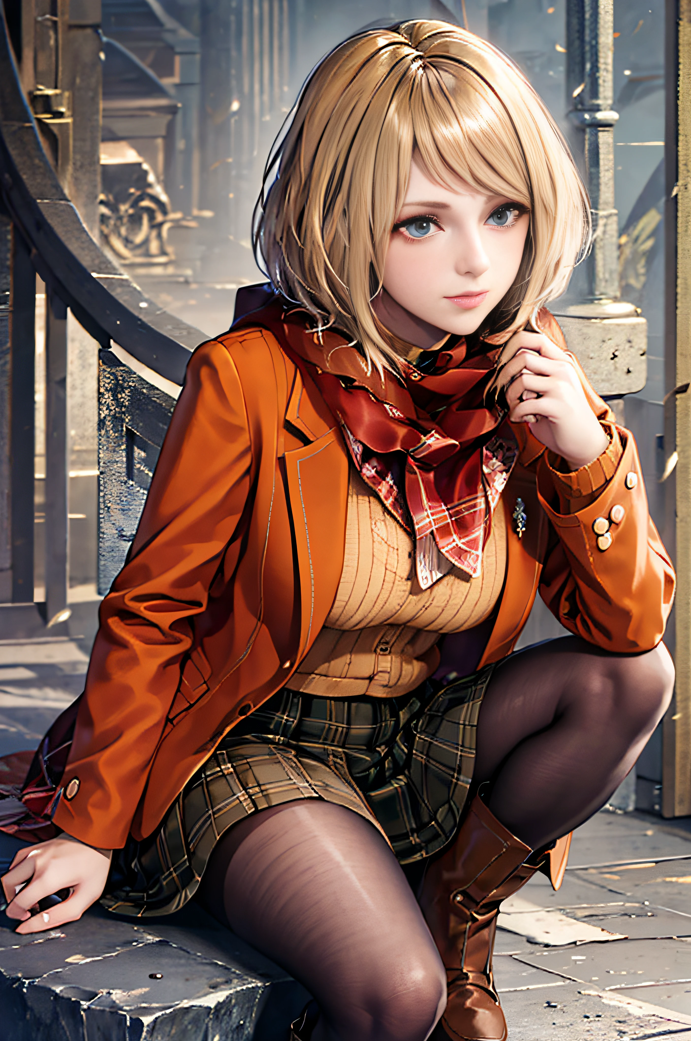 Beau, chef-d&#39;œuvre, Meilleure qualité, visage extrêmement détaillé, éclairage parfait, 1fille, blond, RE4Ashley, veste orange, foulard, jupe à carreaux noire, culotte, bottes, portrait, seulement