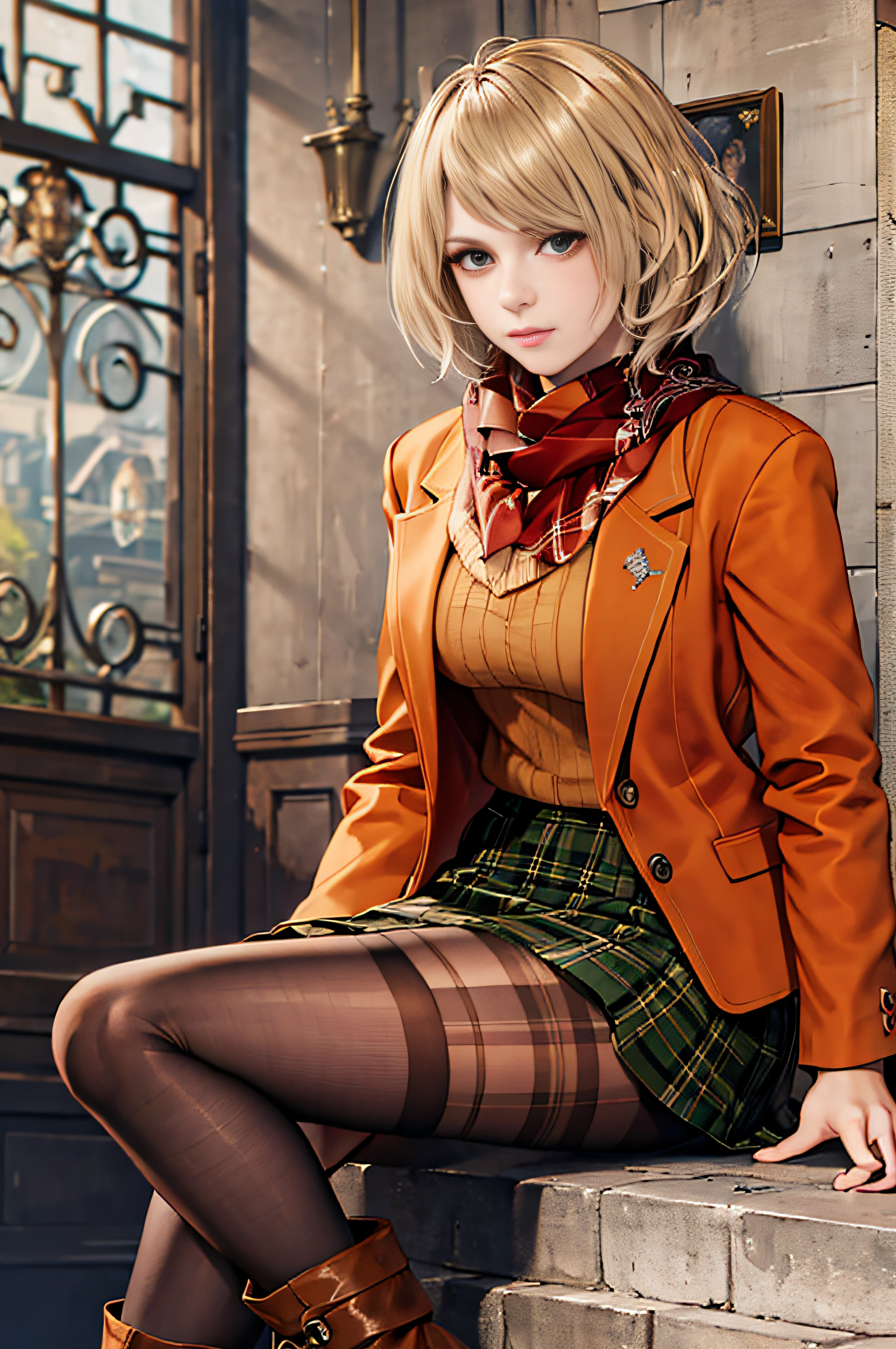 beautiful, masterpiece, best quality, extremely detailed face, perfect lighting, 1girl, blonde, re4ashley, orange jacket, scarf, black plaid skirt, pantyhouse, boots, portrait, solo