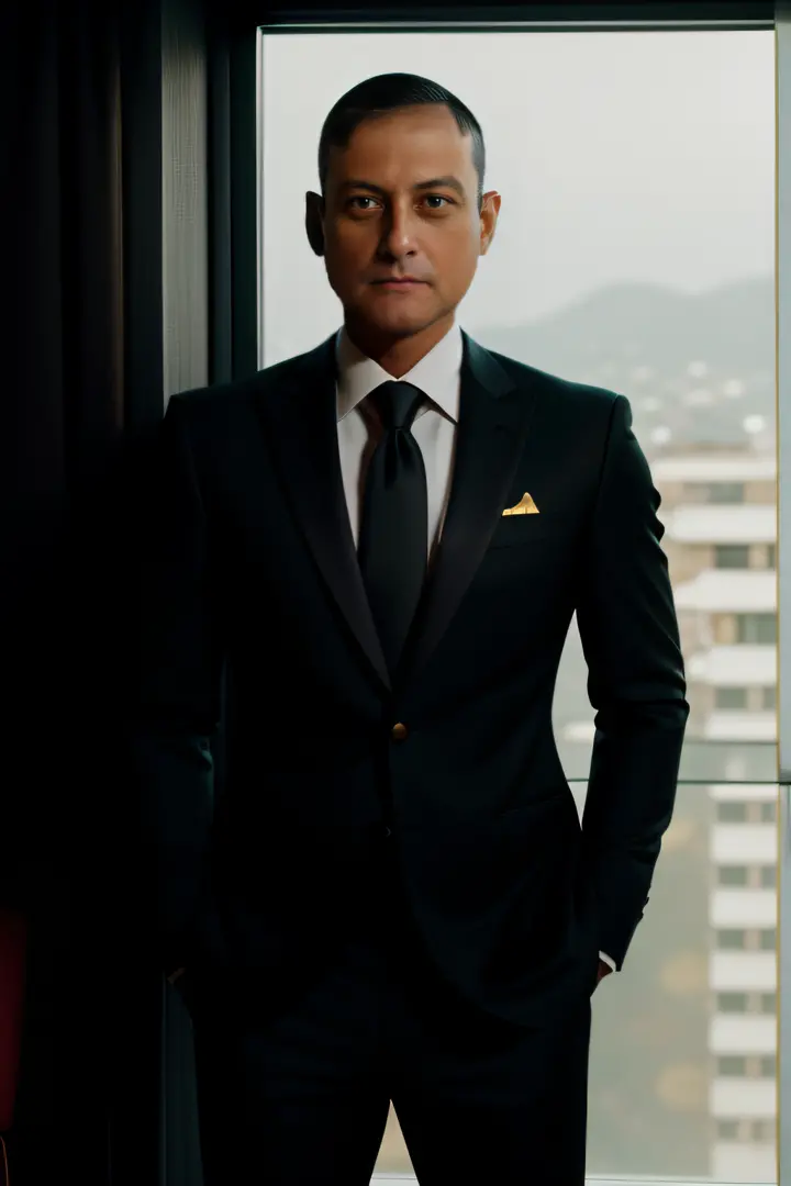 A full-length man leaning against a street window in a black Japanese business suit with gold accents staring out the window at ...
