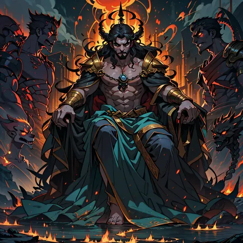 Hades, The Lord of the dark and ruthless kingdom, emerges from the depths of the underworld with a majestic and imposing presence. Your hair is a spectacle of greatness, longos e ondulados, like an ebony waterfall, who seem to absorb the very darkness of t...
