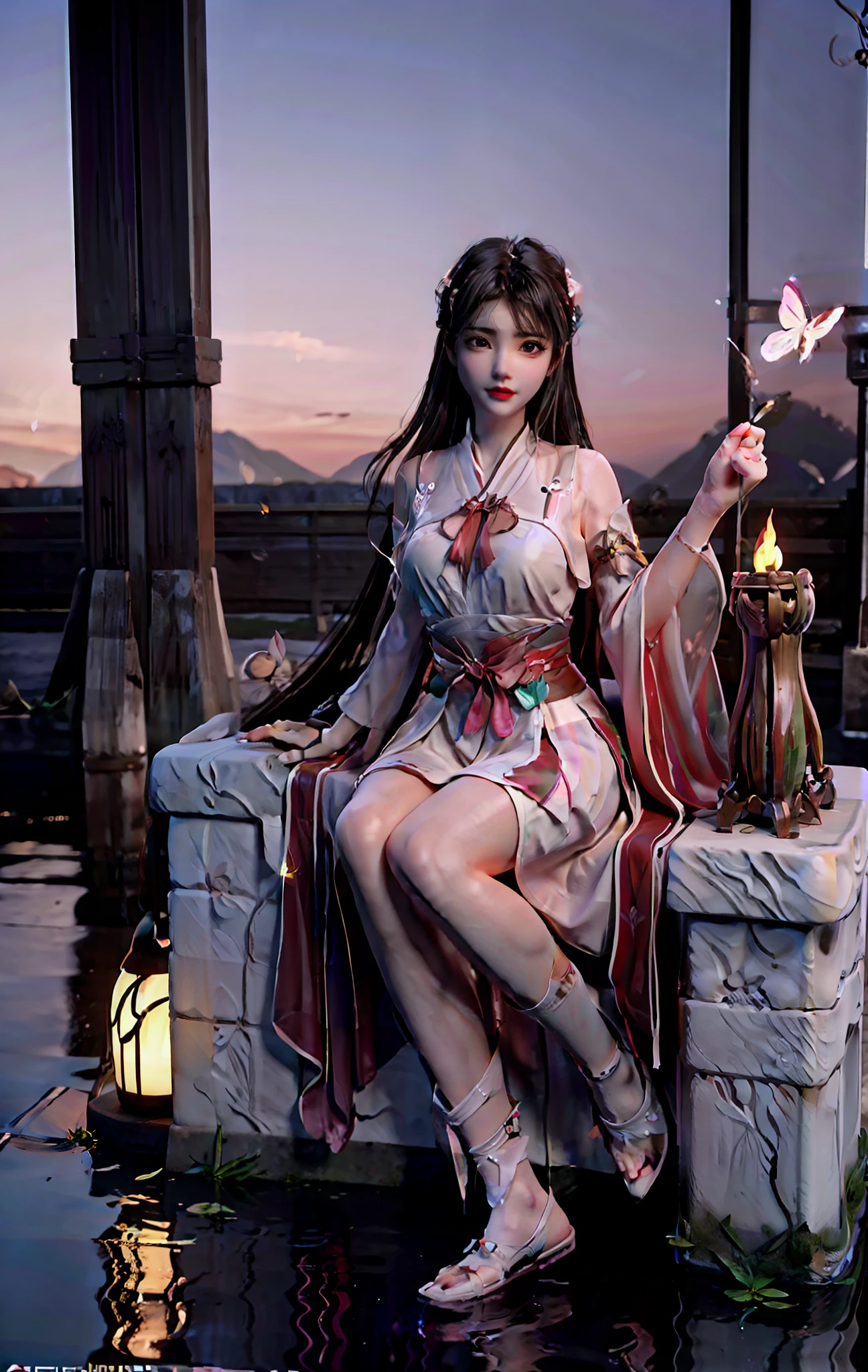 Masterpiece, Highest Quality, Solo, (Slim: 1.04), (Short: 1.15) and (Curve), (1 Girl), (Perfect Skin: 1.11) and (Big Breasts: 1.2), Full Body, High Angle and (Hanfu ), ((perspective: 0.6) Hanfu), (perfect face: 1.1) intricate (high detail: 1.1) body, eyes up, lips, submerged water, clear water, flower beds with lanterns in the background, dense forest, (above water leaves: 1.0), falling cherry blossoms, butterflies, fireflies, ultra-realistic lifelike textures dramatic lighting Unreal Engine trends on artstation cinestill 800