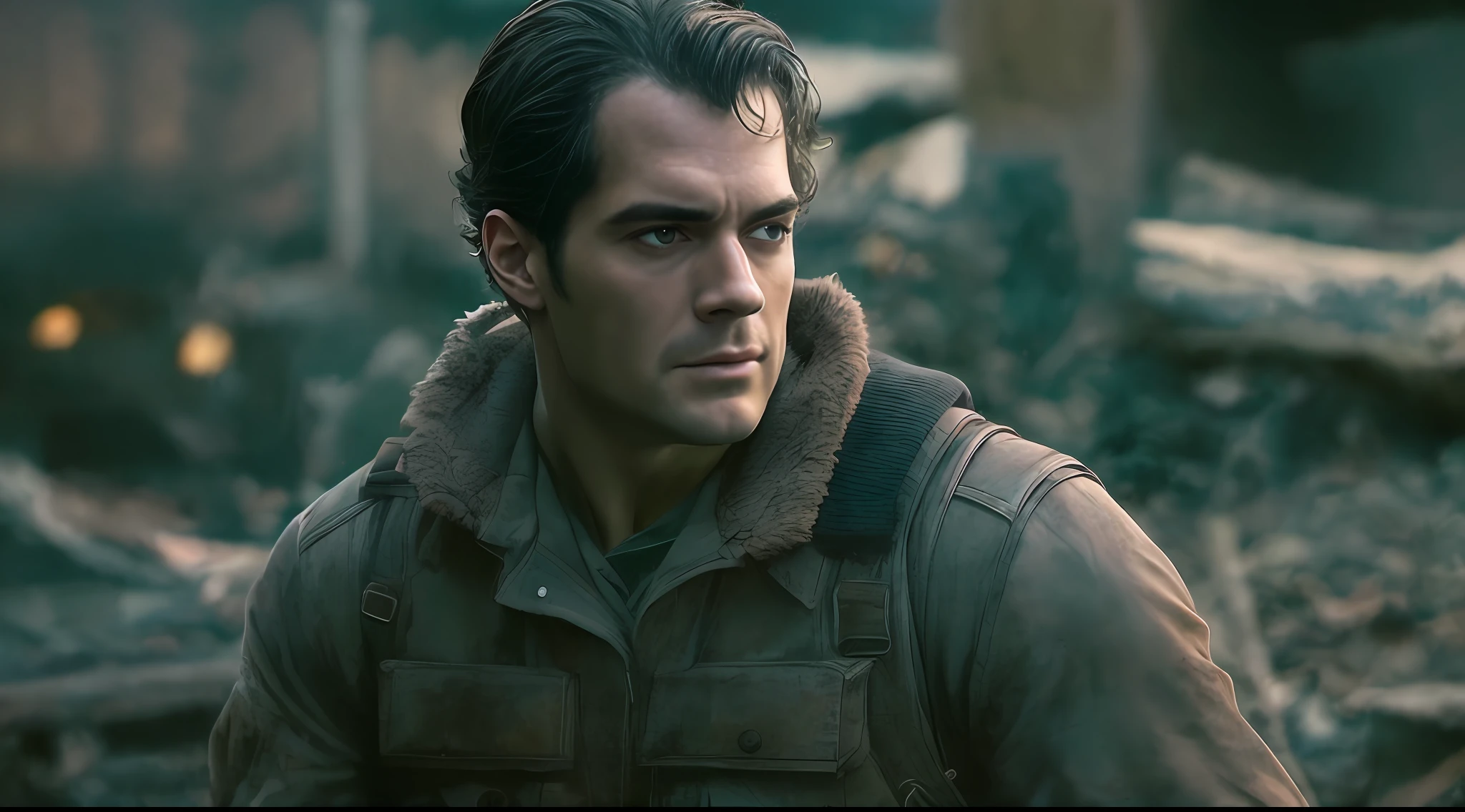 A cinematic scene, Henry Cavill, detailed photograph from the fictional Oscar-winning, film grain, ultra-realistic, cinematic colour grading, [henry Cavill in 2009, Terminator salvation, Horror, period films, action], film directed by [James Cameron] [scared ], [long shot (wide shot)],captured by (Sony CineAlta Canon Cinema EOS Phantom High-Speed Camera Blackmagic Design Camera Arri Alexa Super-16 - ) —ar 16:9 —style raw —v 5.1