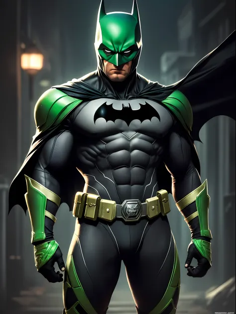 Batman,macho, tall, hunk, muscular, black and neon green suit,  small neon green details on all parts of the suit, best quality, masterpiece, long black cape, short ears on the helmet, green eyes, no pupils, serious face, ultra detailed suit, detailed face...