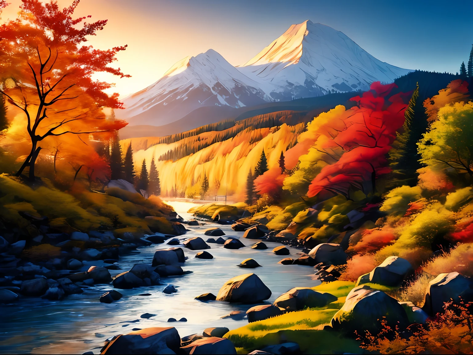 fundo branco, cenário, tinta, montanhas distantes, água, árvores, Margens rochosas de rios, outono