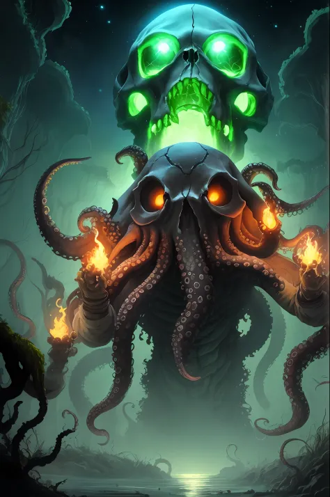 dark swamp eldritch monster (skull face:1.2) rising out of the water moss slime vines (octopus tentacles:1.2) churning water fireflies midnight moonlight backlight (masterpiece:1.2) (illustration:1.2) (best quality) (detailed) (intricate) (8k) (HDR) (wallp...