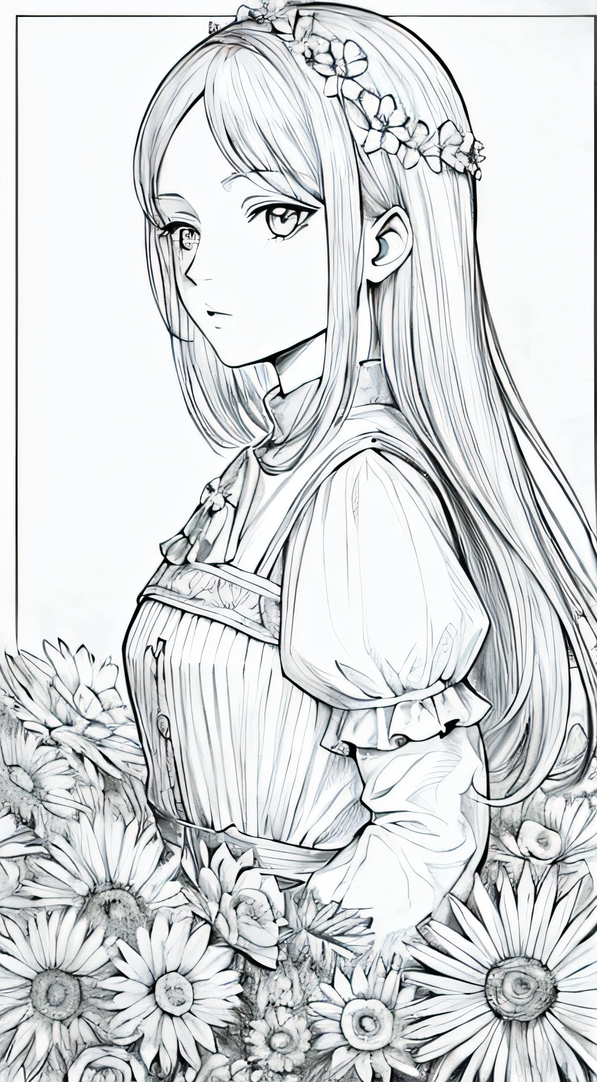 A drawing of a girl with long hair and flowers, Lineart limpio, Lineart grueso, Hermoso arte lineal, intrincado Arte lineal, Lineart perfecto, Line Art!!, Lineart de tinta extremadamente fina, Arte lineal detallado, Lineart de bola, Arte lineal, Lineart negro grueso, Arte lineal hiperdetallado, Esquemas de anime limpios, Estilo manga detallado, Lineart pesado