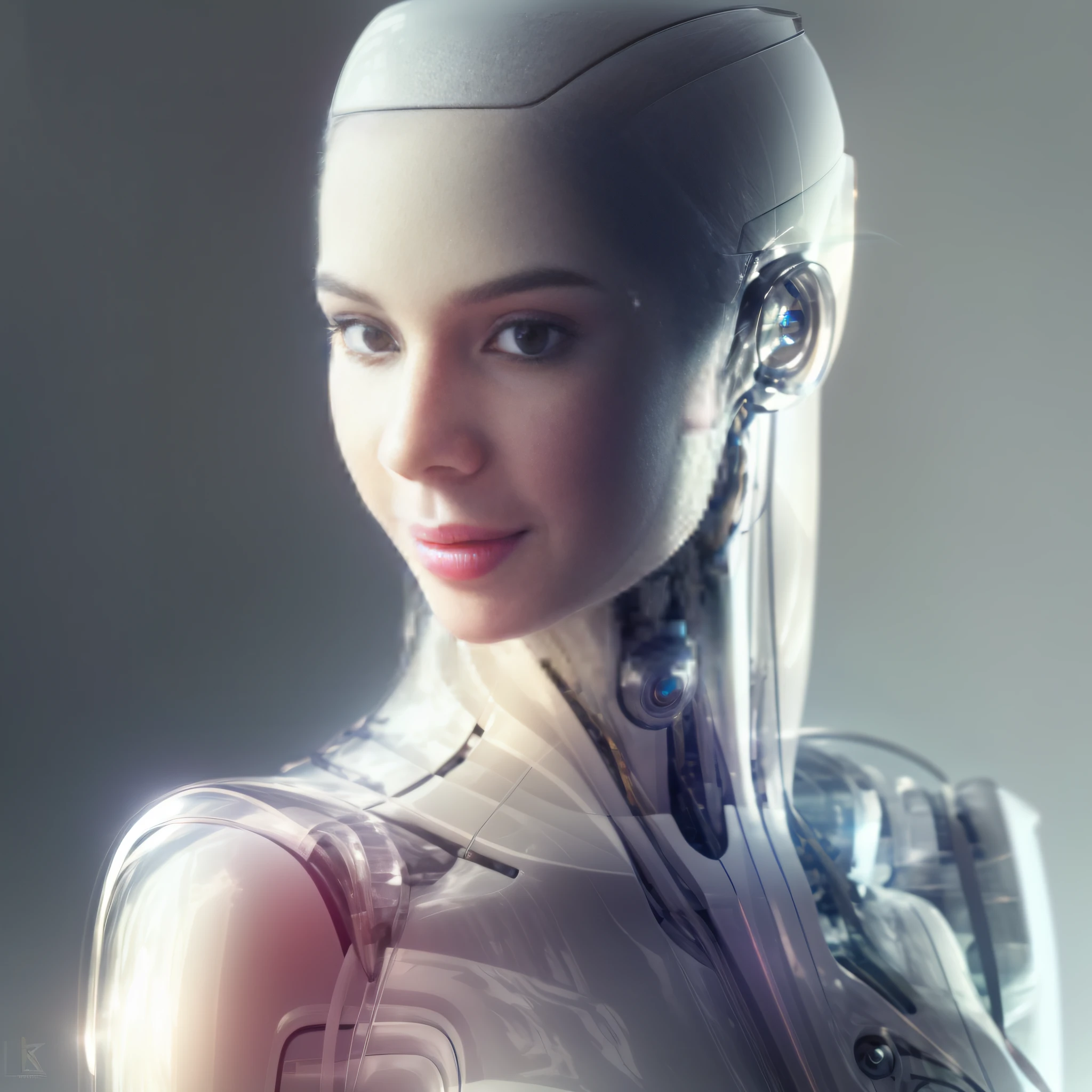 There is a closeup of a robot with a futuristic head with a transparent acrylic outfit, robot femnia sensual model, integrated synthetic android, cyborg - girl, portrait of a female android, beautiful android woman, perfect android girl, cyborg girl, female android, humanoid woman, female robot, cute female android, cyborg woman, intricate trans-human, ultra detailed female android,  Portrait of an android, beautiful white cyborg girl, fashion photography, ashion
