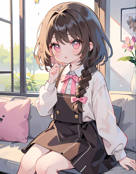 One girl、brown haired、1 braid、bow ribbon、shirt dress、cute little、​masterpiece、top-quality、Top image quality、fantastic hair、Amazi...