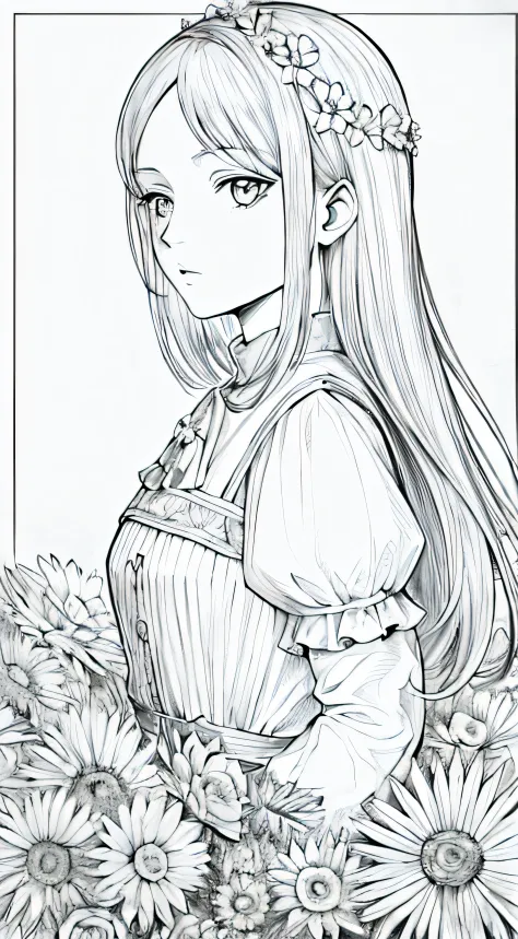 a drawing of a girl with long hair and flowers, lineart limpio, lineart grueso, hermoso arte lineal, intrincado arte lineal, lin...