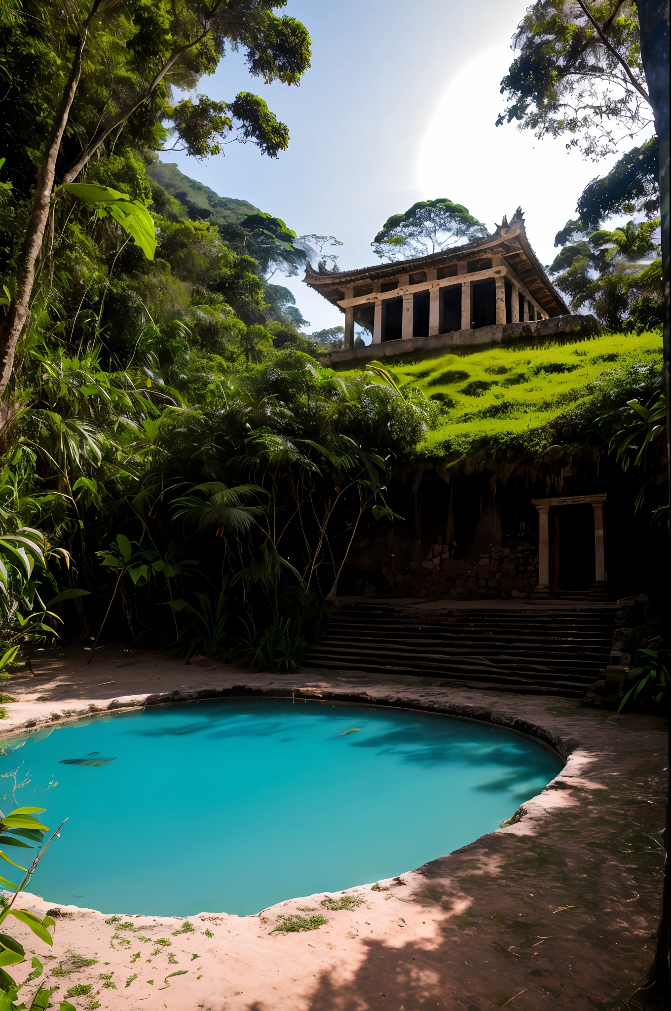 fotorrealista, ((Perfect lighting)), (Contre-Jour), (Fujifilm XT3), (camera f1.6 lentes), (volumetric illumination), (rewarded photography):Incredible pre-Hispanic old building in the middle of an intense turquoise lagoon, Temple of Quetzalcoatl, Detalles pesados, Intríncar, Lugar sagrado de la cultura antigua, in the Amazon rainforest