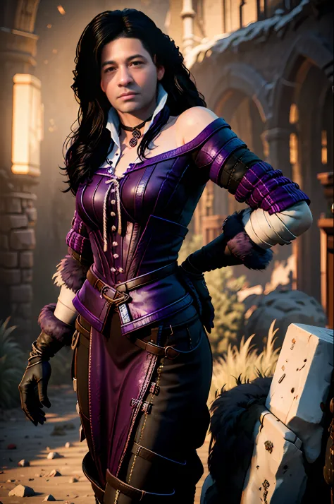 a half body shot of yennefer wearing a purple dress  in the style of y3nn3f3r