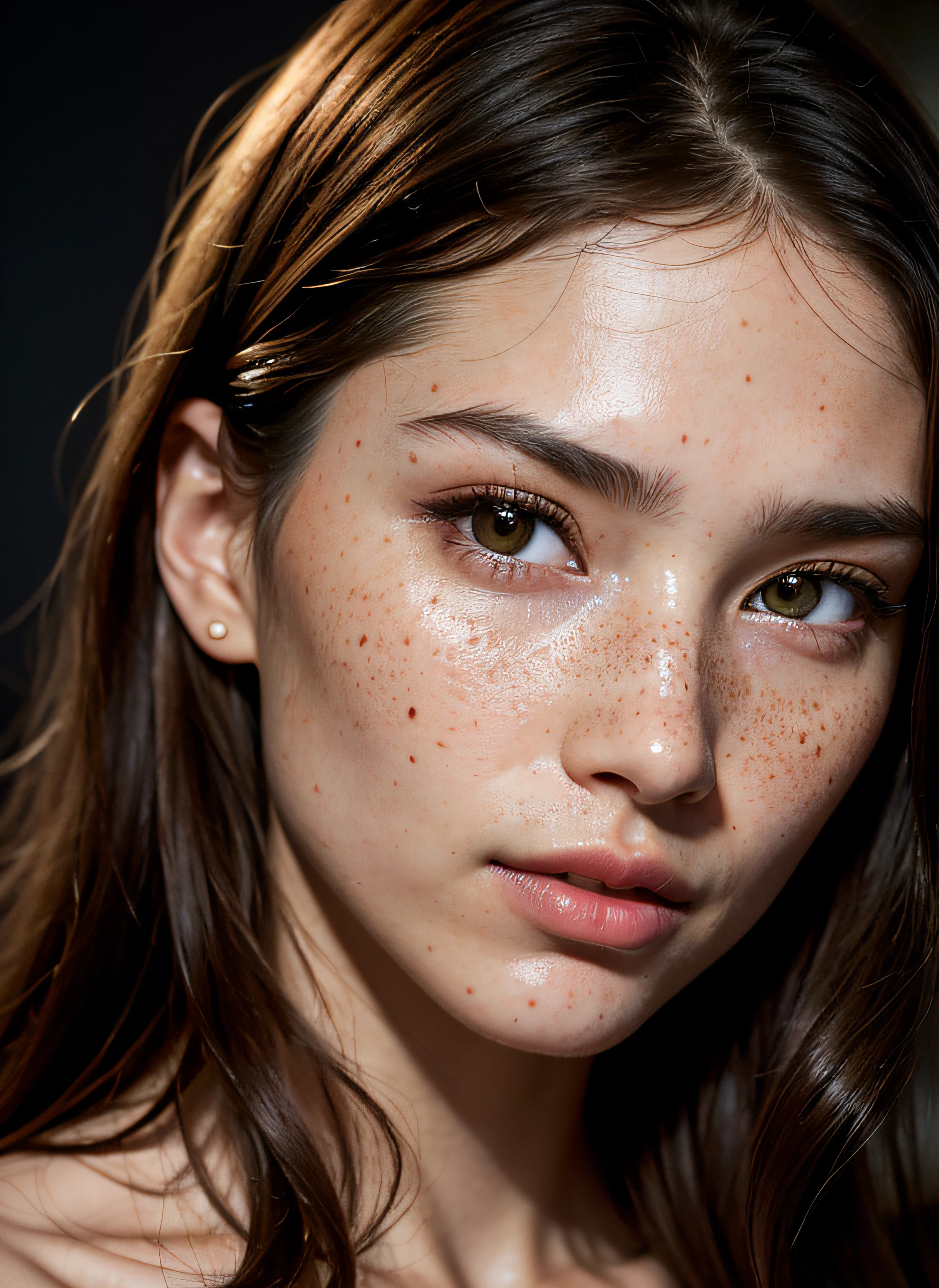 super (close up:1.5) portrait photo 20 y.o. woman (extremely high detailed face, detailed realistic eyes, clear skin, clear eyes), extra long wavy brown hair, detailed hair, hotel room, (skin pores: 1.0) (freckles: 0.3) (dark moles: 0.2) (skin spots, acnes, age spot, lanugo: 0.3), highly detailed skin, beautiful and delicate lips, detailed pupil, real human skin, (Extremely inricate detailed), looking at viewer, portrait, photography, realistic, photo-realistic, 16k, highly detailed, full length frame, High detail RAW color art, piercing, diffused soft lighting, shallow depth of field, sharp focus, hyperrealism, cinematic lighting