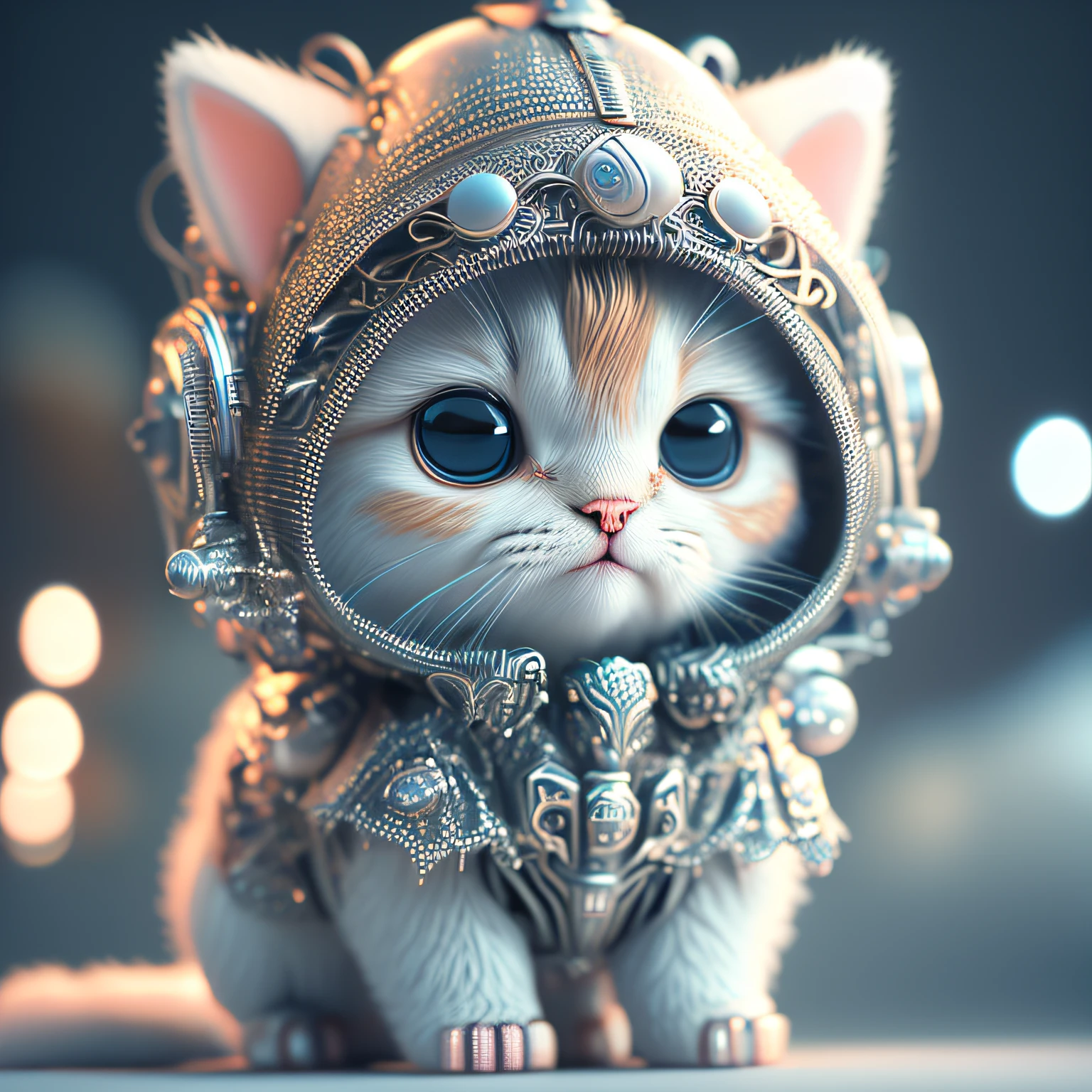 a cute kitten made out of metal, (cyborg:1.1), ([tail | detailed wire]:1.3), (intricate details), hdr, (intricate details, hyperdetailed:1.2), cinematic shot, Vignette, centered --auto